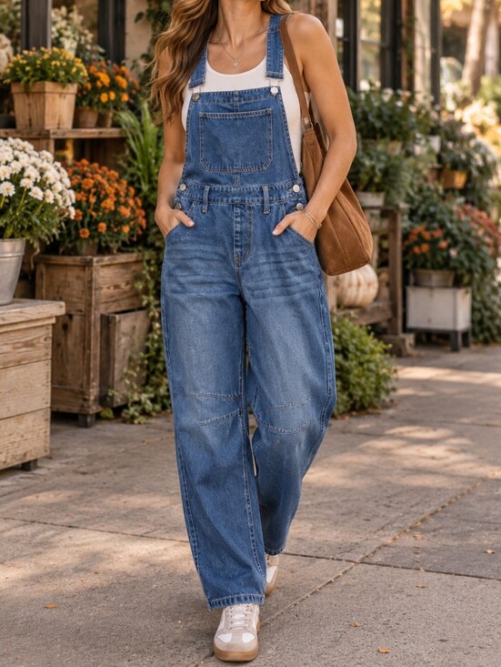 ban.jara Denim - Ban.Jara Blue Denim Barrel Leg Overalls Adjustable Strap Casual Utility Jumpsuit